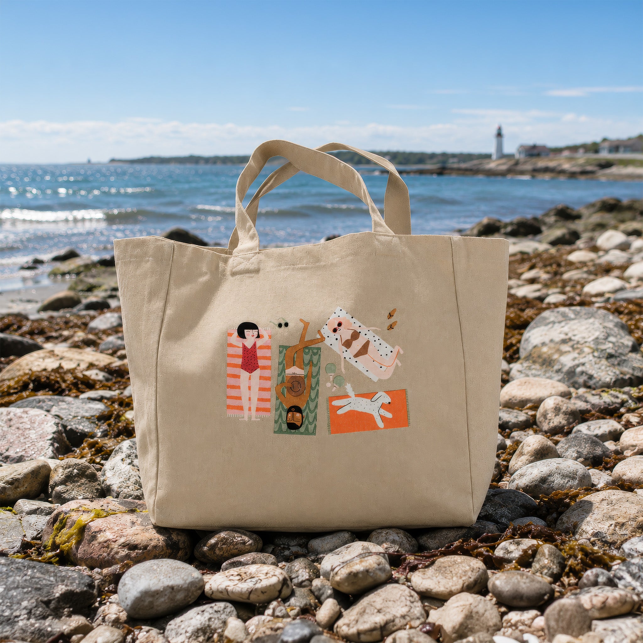 Large handprinted cotton Strandhäng tote bag by Spira of Sweden with a roomy rectangular shape, perfect for carrying beach towels, groceries, or everyday essentials.