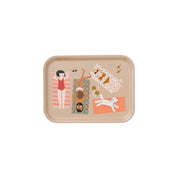 Small rectangular Strandhäng Kompisbricka tray by Spira of Sweden with colorful summer beach illustration on birch veneer.