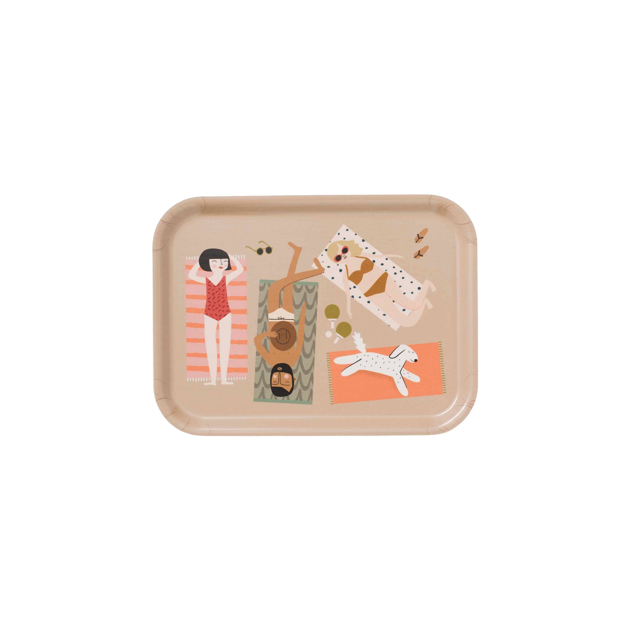 Small rectangular Strandhäng Kompisbricka tray by Spira of Sweden with colorful summer beach illustration on birch veneer.