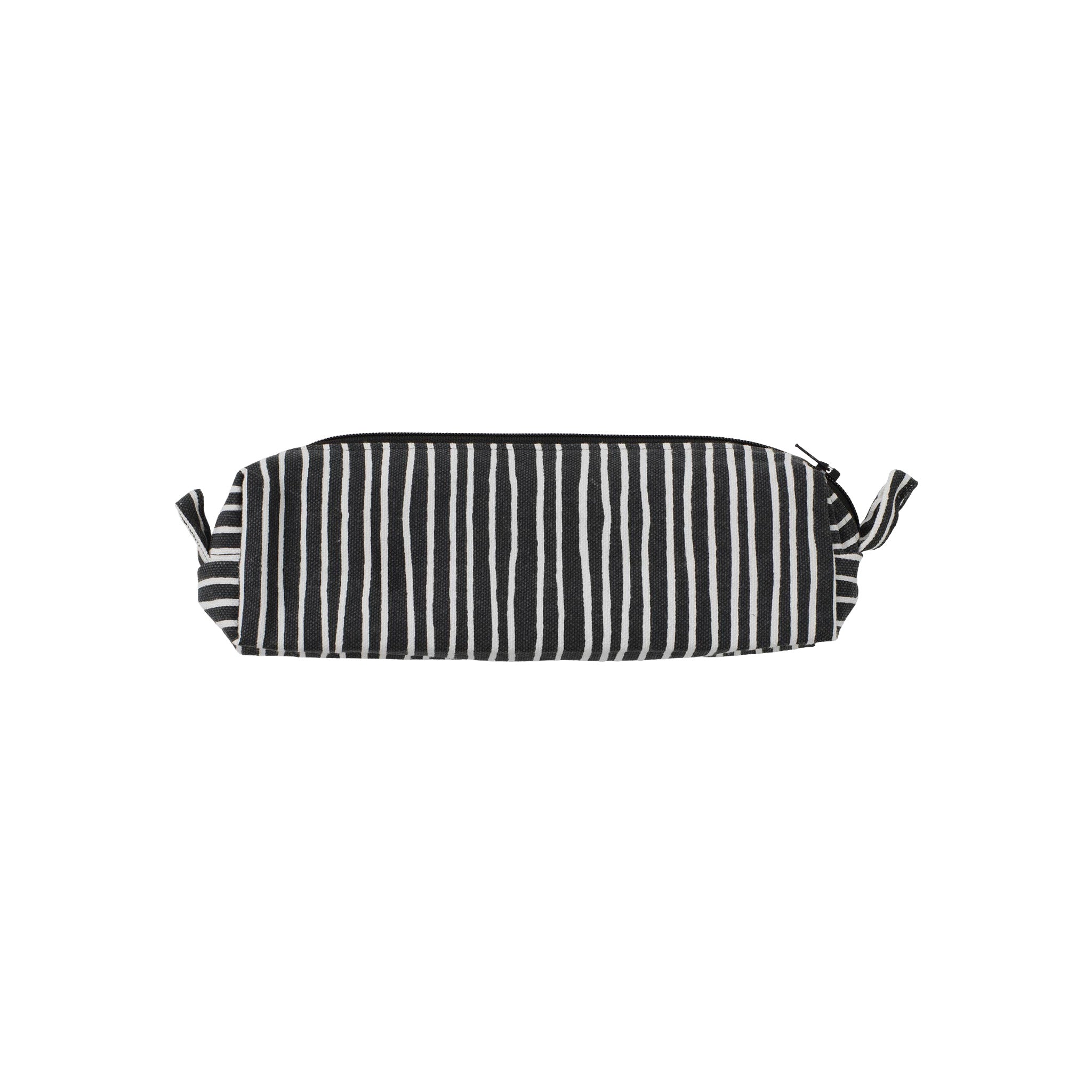 Spira of Sweden Stripe Pencil Case in hand-printed cotton with zipper closure, available in Asphalt striped pattern.