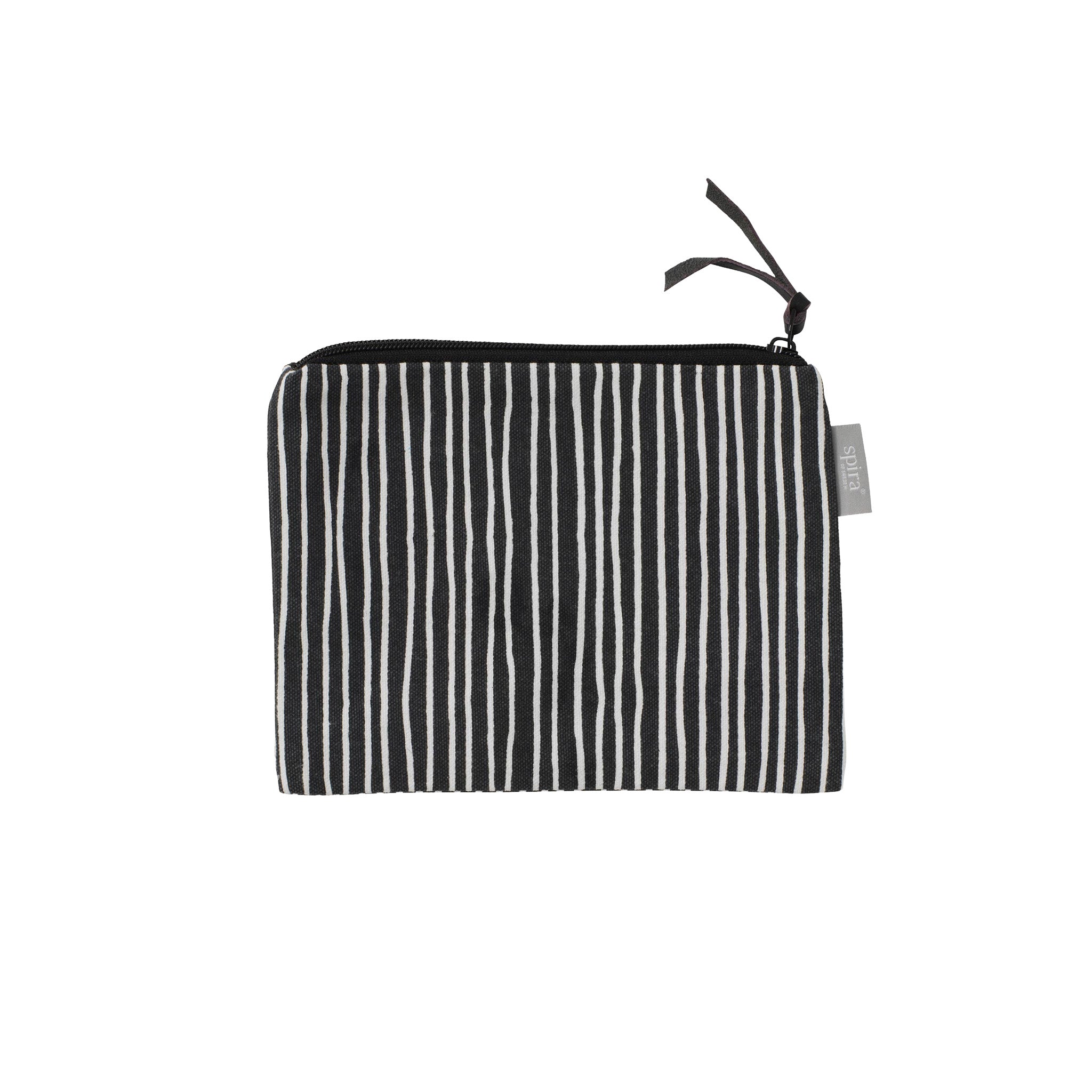 Spira of Sweden Stripe Purse in Asphalt with hand-printed black and white stripes, zipper closure and faux leather pull tab.