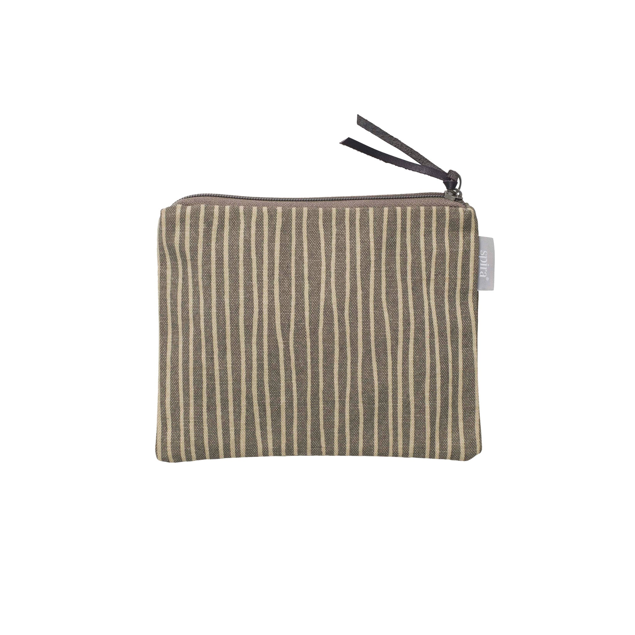 Spira of Sweden Stripe Purse in Asphalt with hand-printed brown stripes, zipper closure and faux leather pull tab.