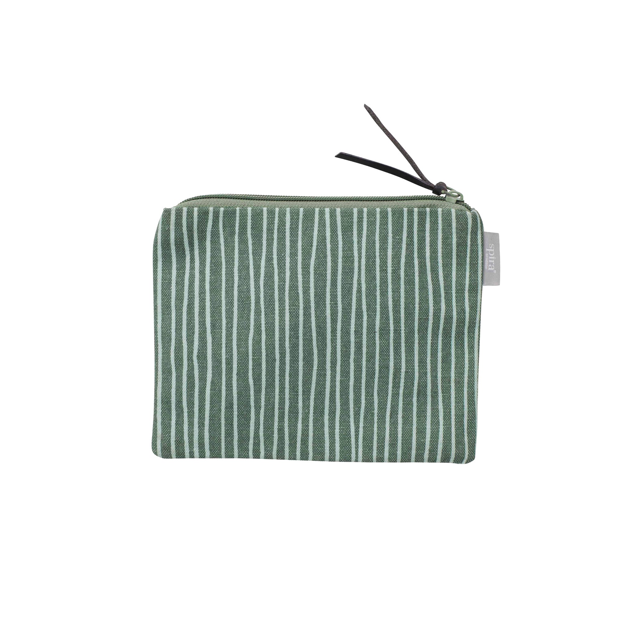 Spira of Sweden Stripe Purse in Asphalt with hand-printed green stripes, zipper closure and faux leather pull tab.