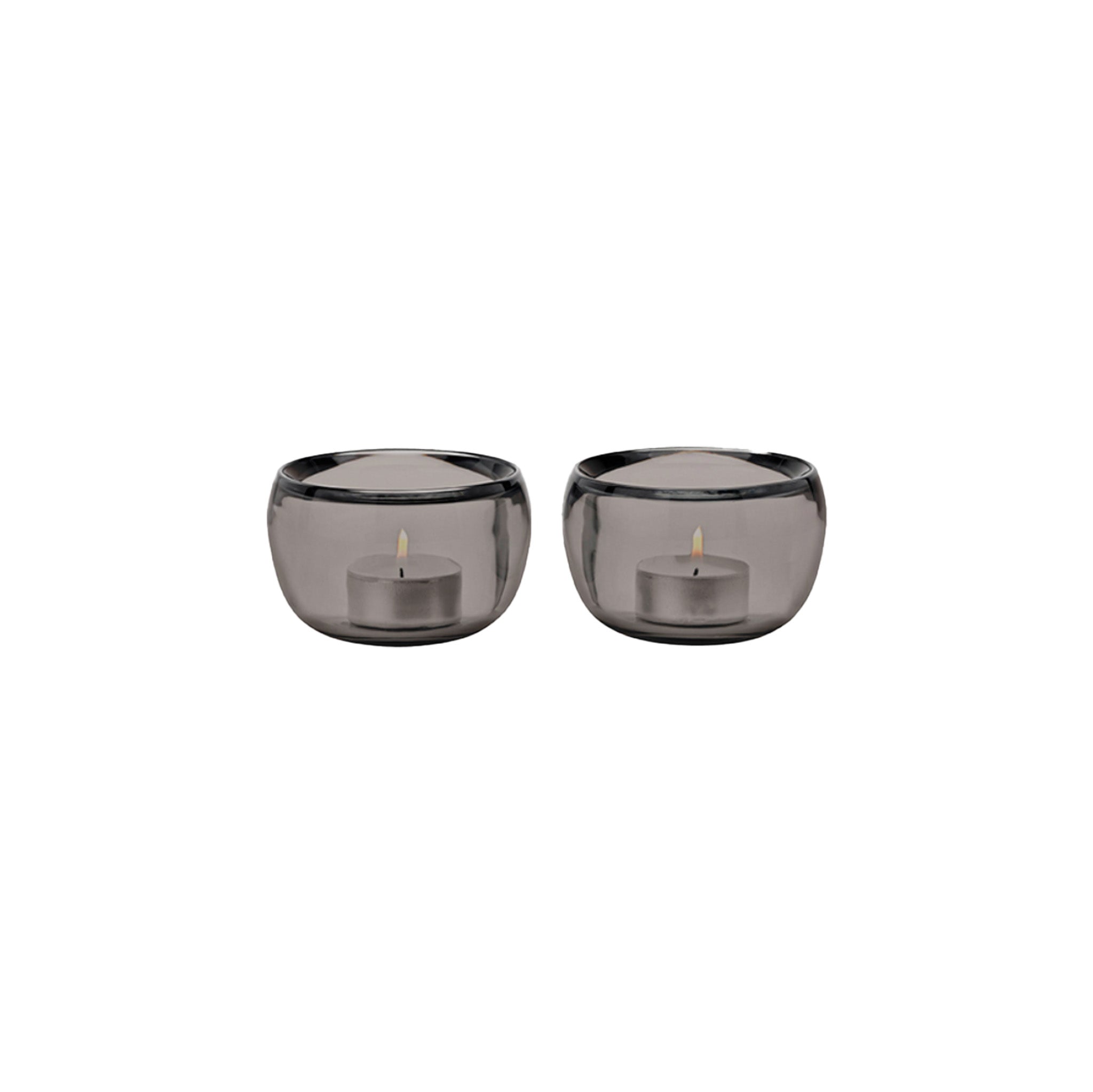 Stelton Ora Tealight Holders, set of 2 in translucent smoke glass with soft organic curves, modern Nordic design.