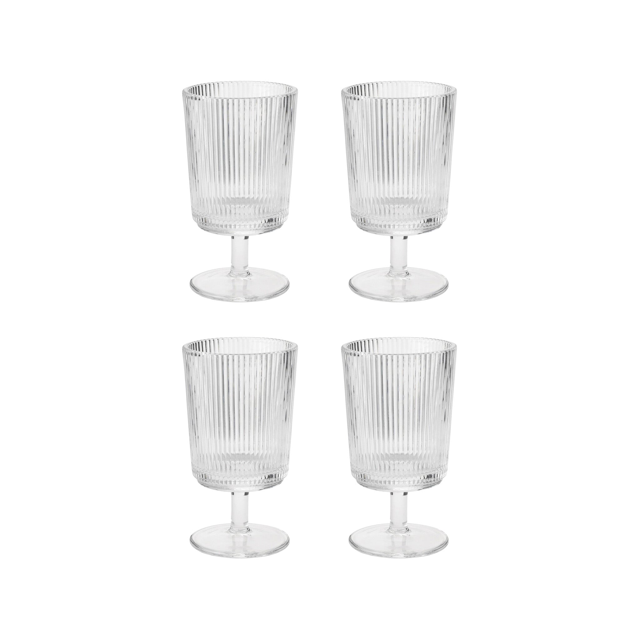 Pilastro Wine Glass Set by Stelton with four clear ribbed wine glasses featuring an Art Deco-inspired design and footed base.