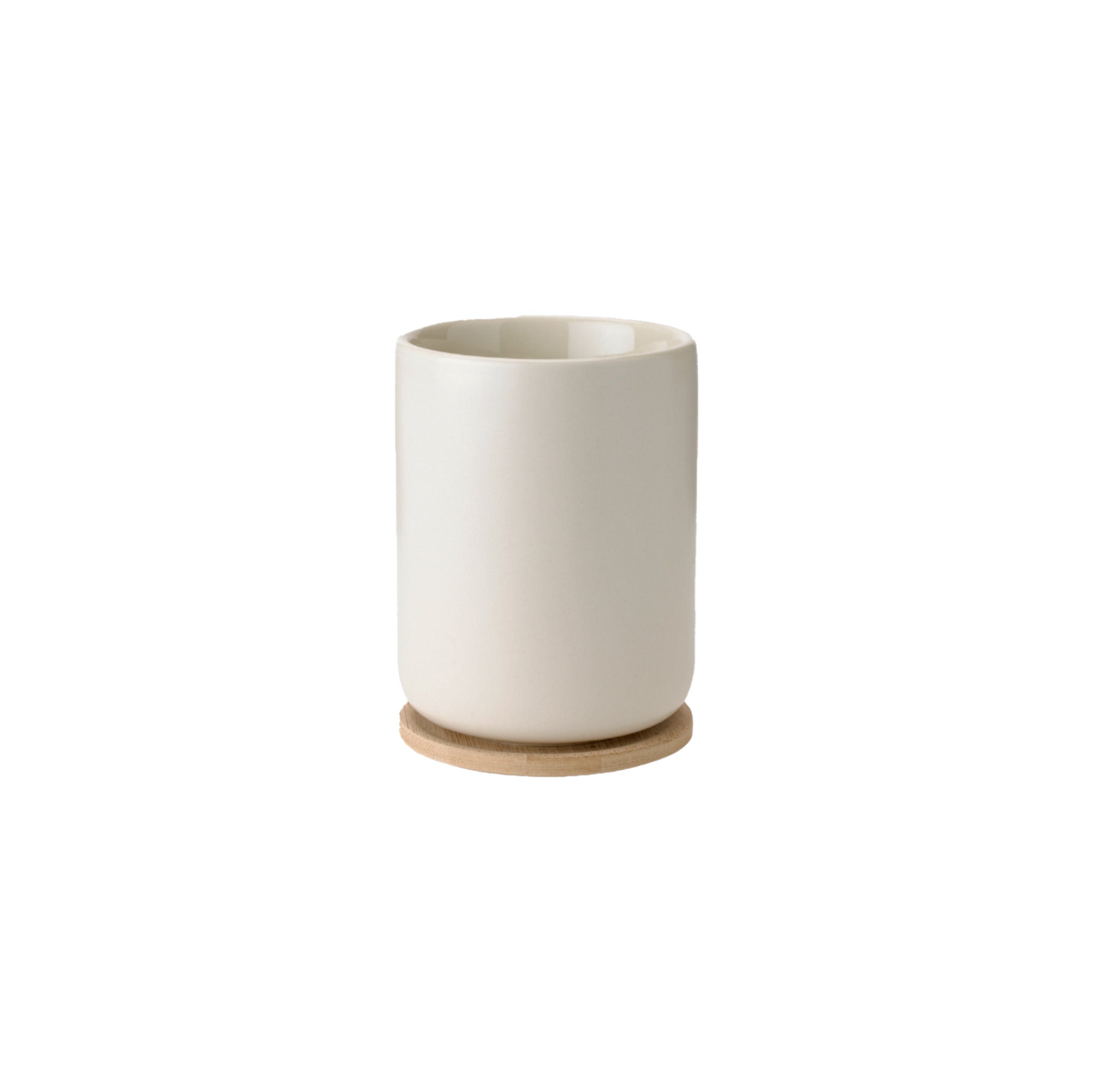 Stelton Theo Thermo Cup with bamboo coaster, available in matte black or sand stoneware with glossy interior, designed by Francis Cayouette. 0.25 L Nordic mug.