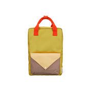 Sticky Lemon Envelope Backpack in colorful recycled fabric with front zip pocket, waterproof lining, and adjustable shoulder straps. Available in Small, Medium, and Large.