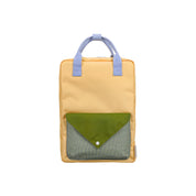Sticky Lemon Envelope Backpack in colorful recycled fabric with front zip pocket, waterproof lining, and adjustable shoulder straps. Available in Small, Medium, and Large.