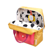 Sticky Lemon Envelope Backpack in colorful recycled fabric with front zip pocket, waterproof lining, and adjustable shoulder straps. Available in Small, Medium, and Large.
