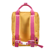 Sticky Lemon Envelope Backpack in colorful recycled fabric with front zip pocket, waterproof lining, and adjustable shoulder straps. Available in Small, Medium, and Large.