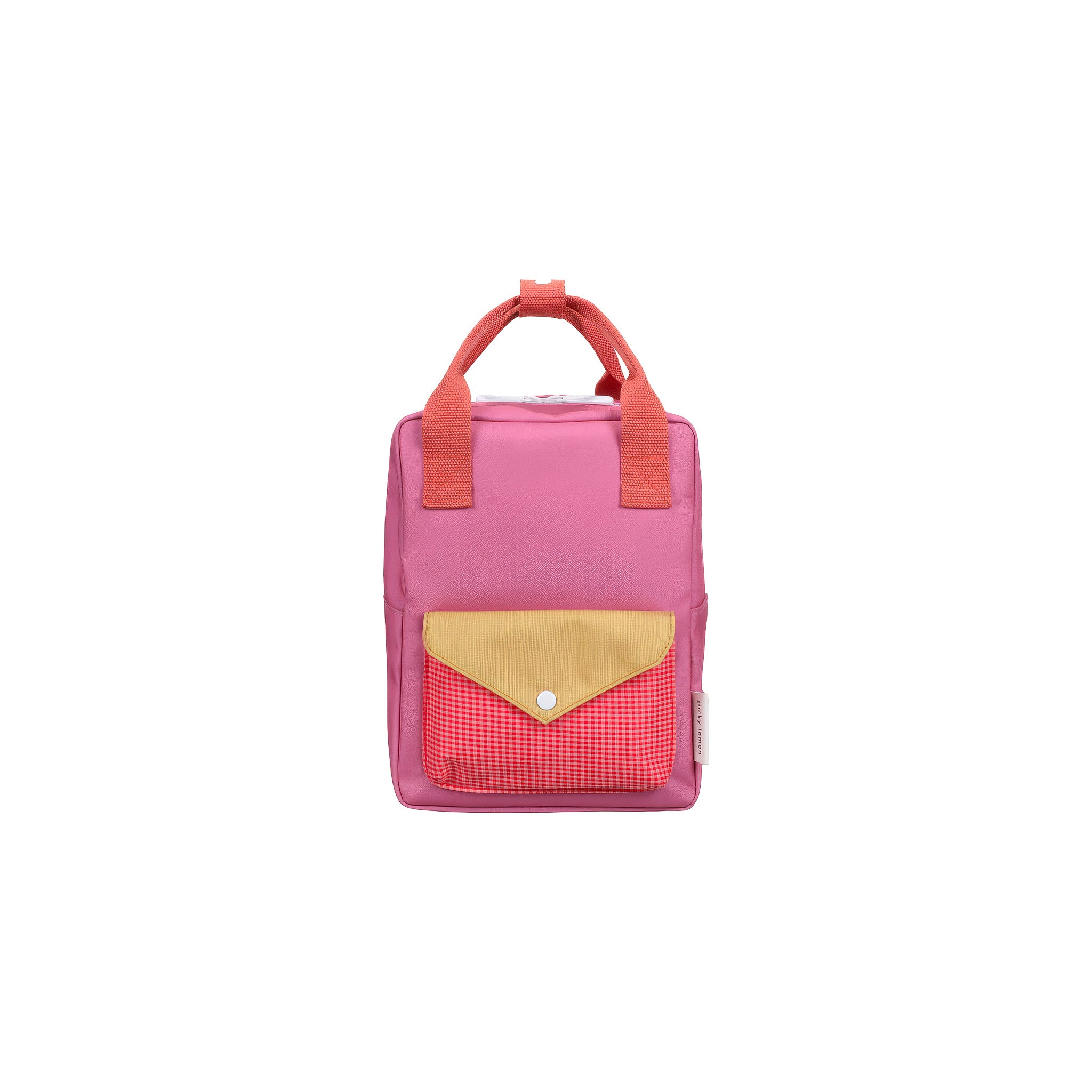 Sticky Lemon Envelope Backpack in colorful recycled fabric with front zip pocket, waterproof lining, and adjustable shoulder straps. Available in Small, Medium, and Large.