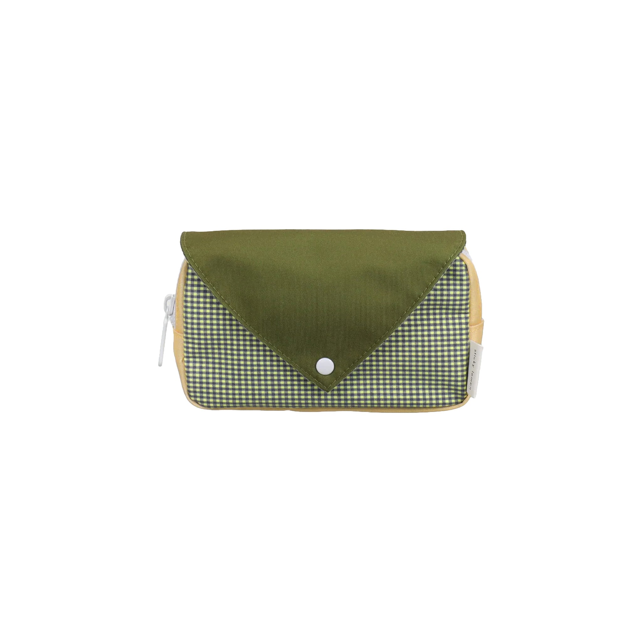 Sticky Lemon Envelope Fanny Pack in colorful color-blocked recycled fabric with adjustable strap, waterproof lining, and zippered compartment.