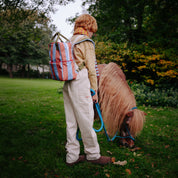 Sticky Lemon Stripes Backpack in colorful striped recycled fabric with front zip pocket, waterproof lining, and adjustable shoulder straps in Medium and Large.