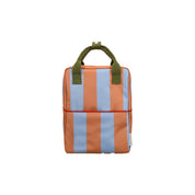 Sticky Lemon Stripes Backpack in colorful striped recycled fabric with front zip pocket, waterproof lining, and adjustable shoulder straps in Medium and Large.