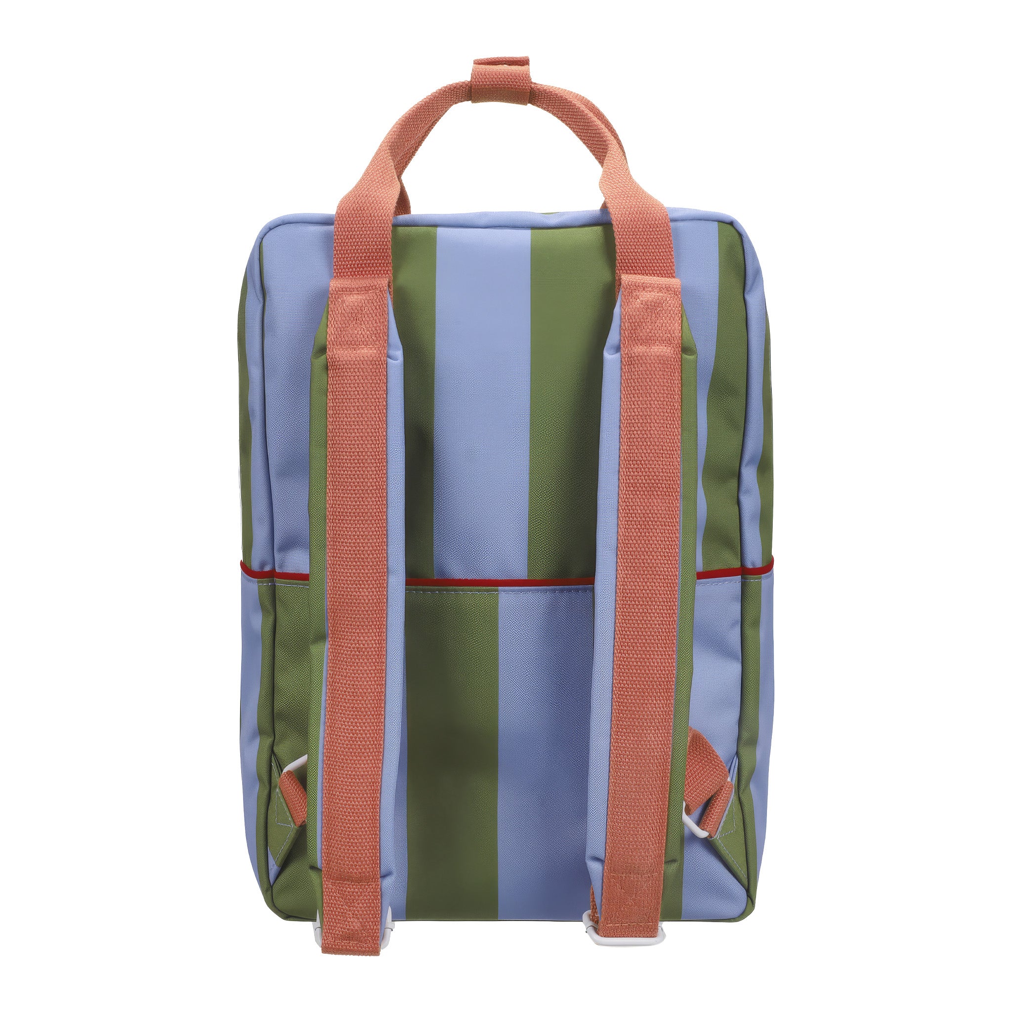 Sticky Lemon Stripes Backpack in colorful striped recycled fabric with front zip pocket, waterproof lining, and adjustable shoulder straps in Medium and Large.