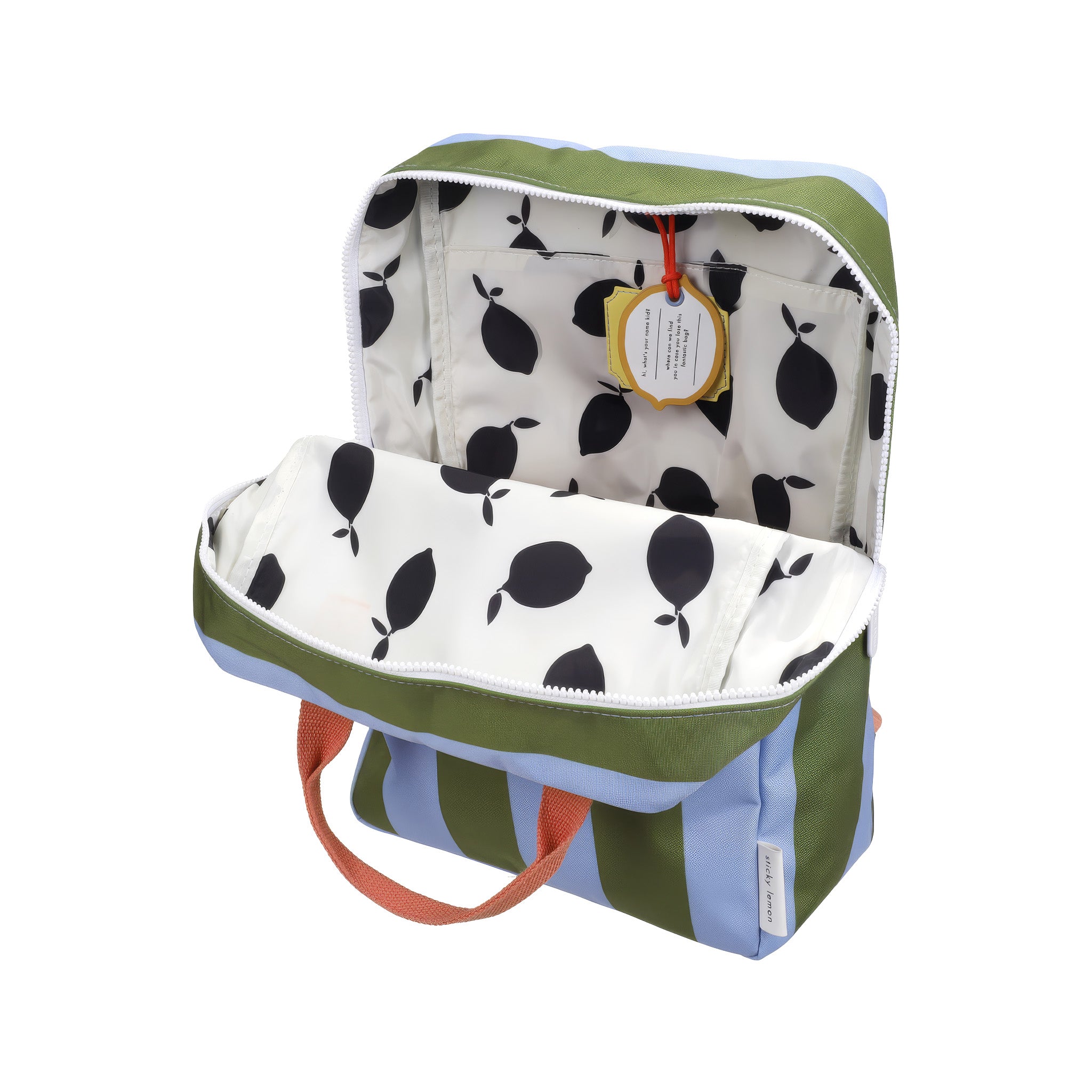 Sticky Lemon Stripes Backpack in colorful striped recycled fabric with front zip pocket, waterproof lining, and adjustable shoulder straps in Medium and Large.