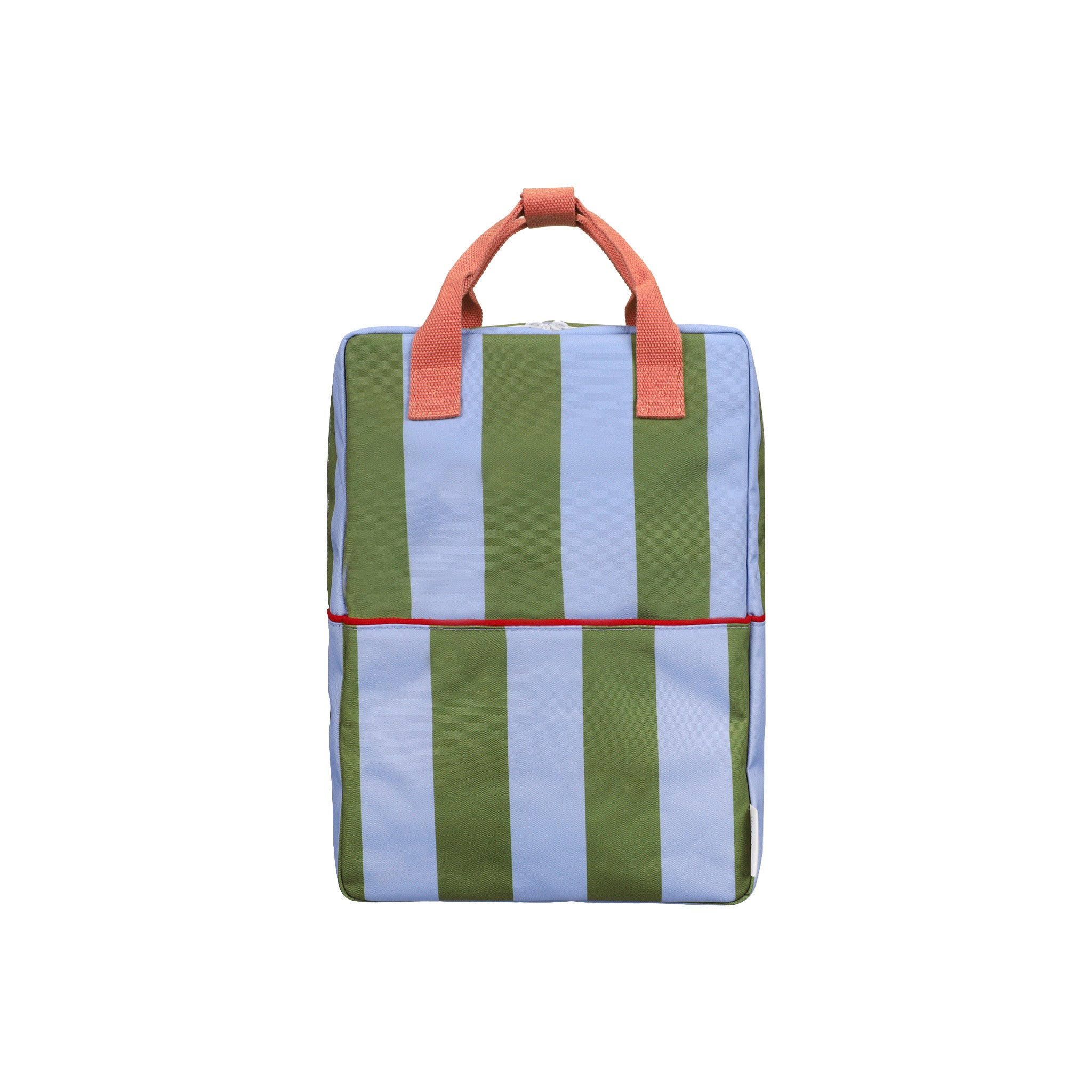 Sticky Lemon Stripes Backpack in colorful striped recycled fabric with front zip pocket, waterproof lining, and adjustable shoulder straps in Medium and Large.