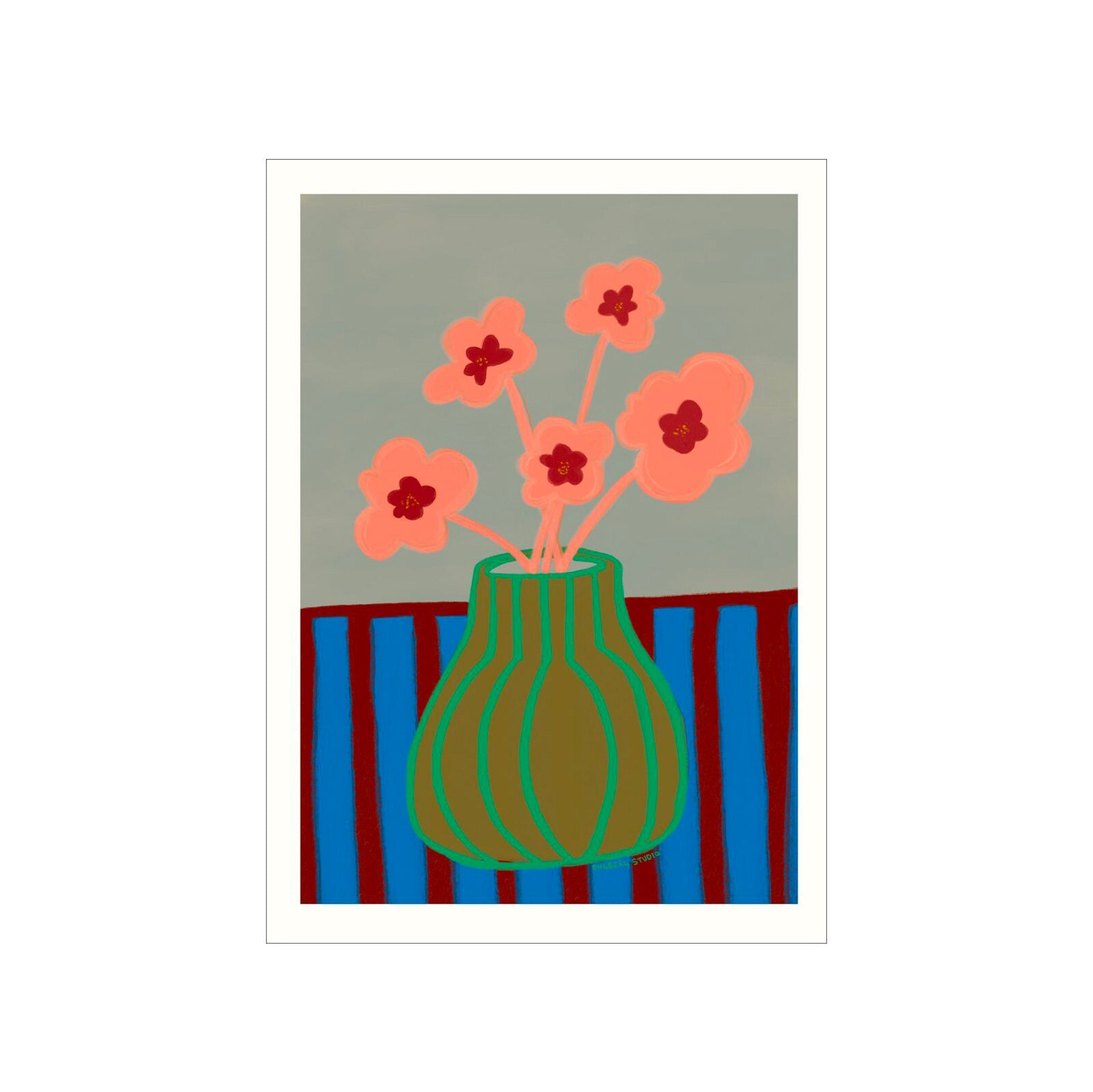 Striped Vase with Pink Flowers Print - Hei-Hey