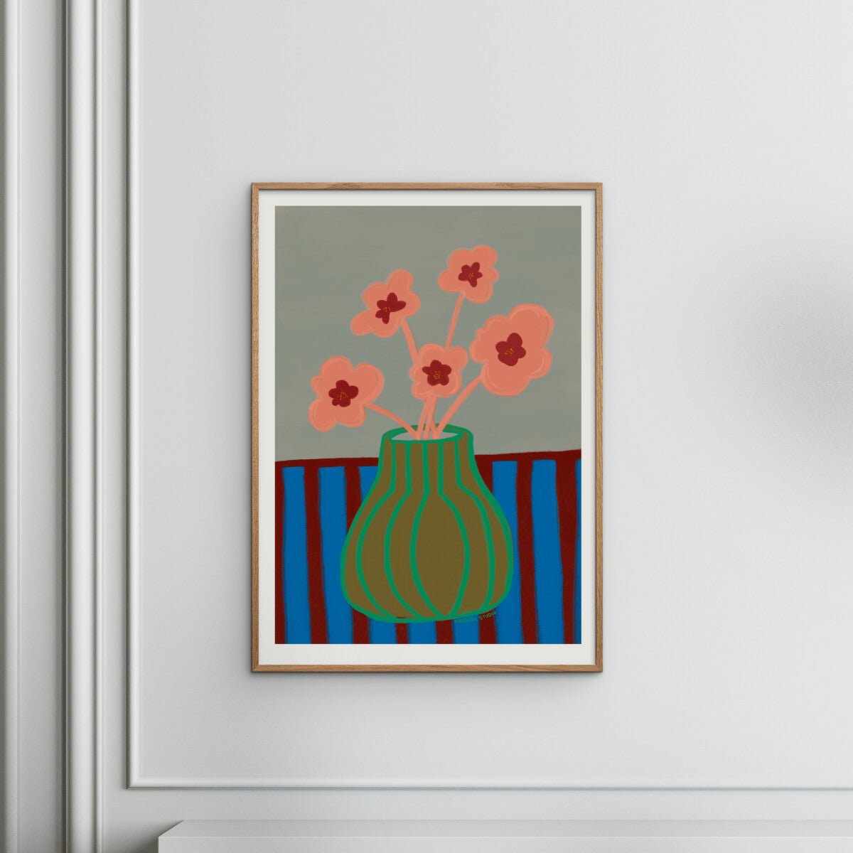 Striped Vase with Pink Flowers Print - Hei-Hey