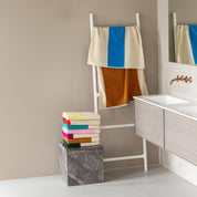 Aqua Toffee Bath Towel by SUITE702 with graphic aqua and toffee color-block design.