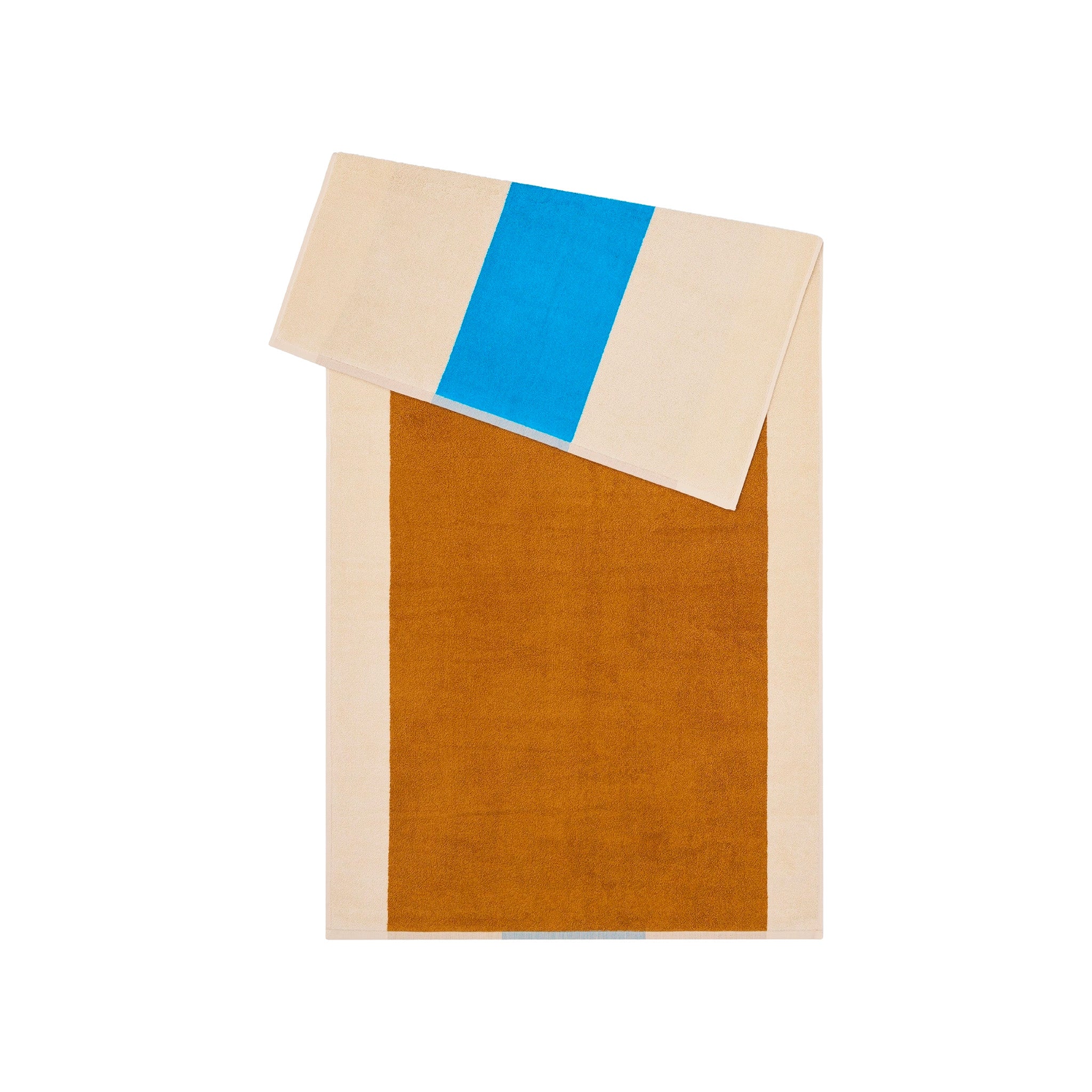 Aqua Toffee Bath Towel by SUITE702 with graphic aqua and toffee color-block design.