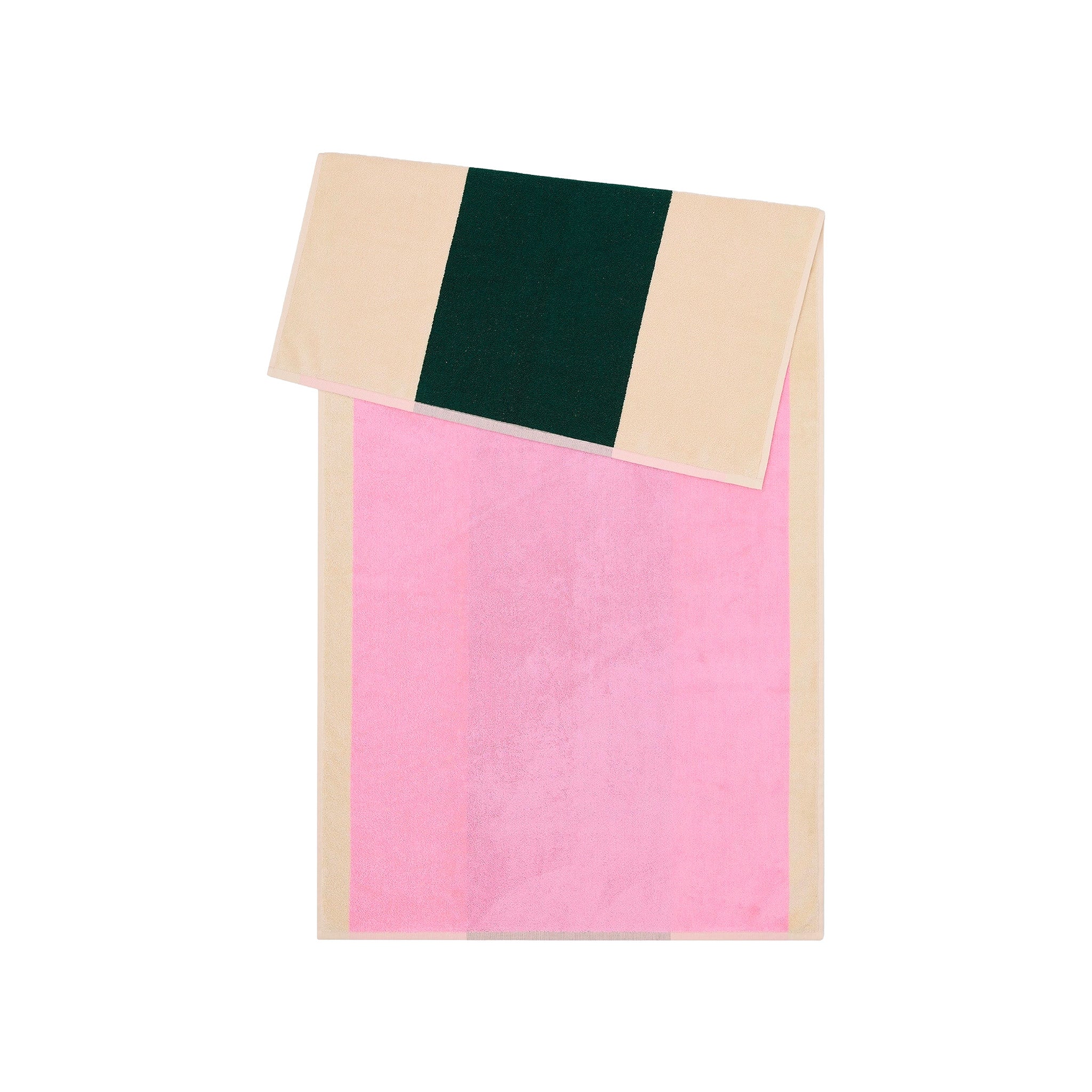 Pink Dark Green Bath Towel by SUITE702 with graphic pink and dark green color-block design.
