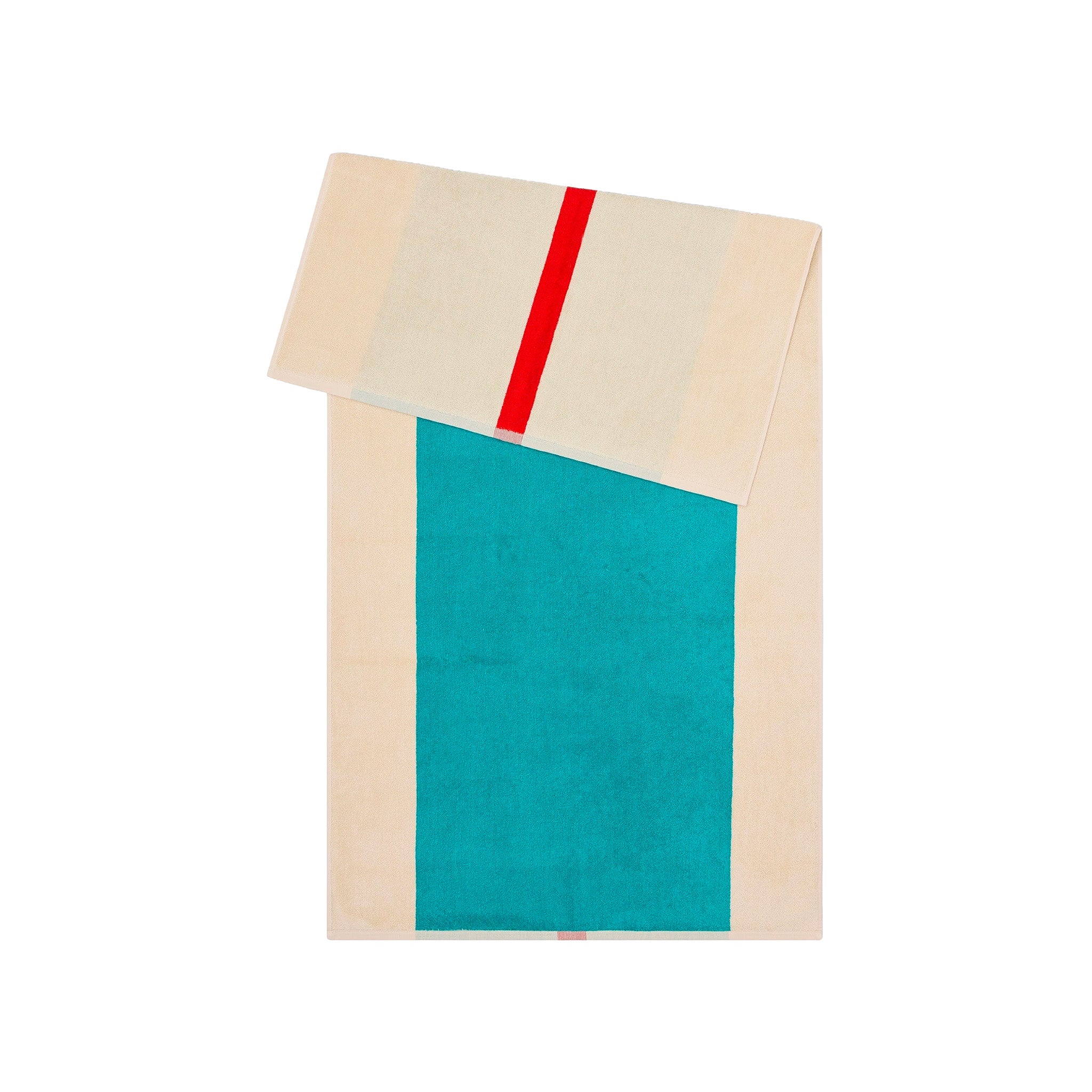 Red Turquoise Bath Towel by SUITE702 with graphic red and turquoise color-block design.