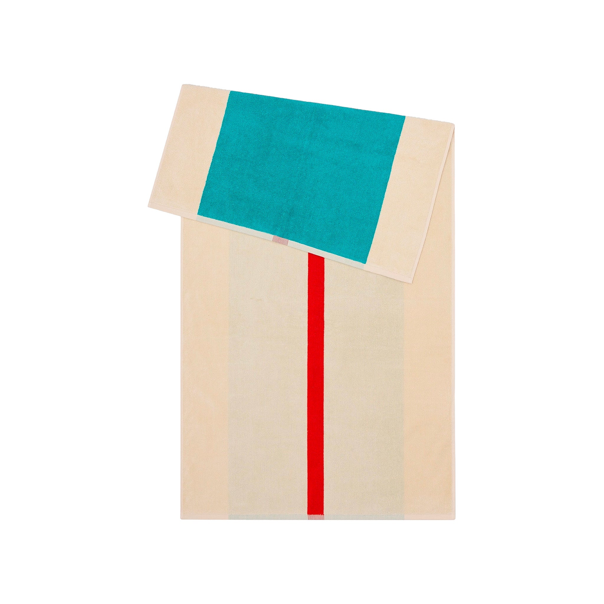 Red Turquoise Bath Towel by SUITE702 with graphic red and turquoise color-block design.