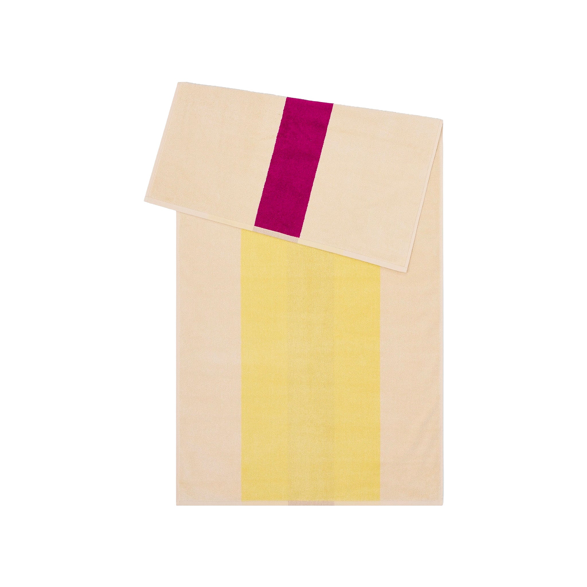 Yellow Fuchsia Bath Towel by SUITE702 with graphic yellow and fuchsia color-block design.