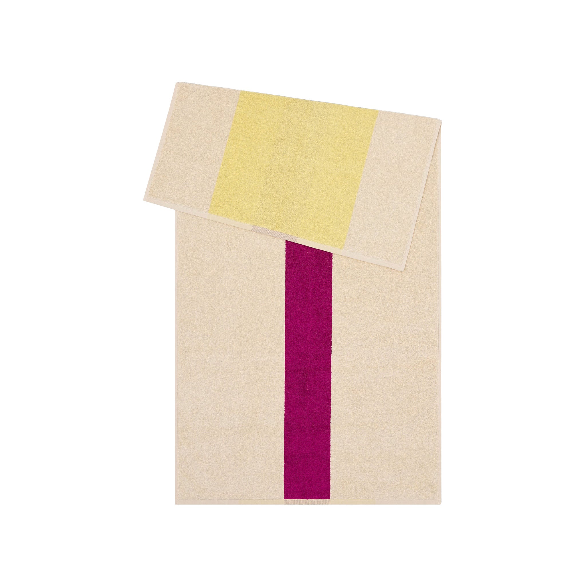 Yellow Fuchsia Bath Towel by SUITE702 with graphic yellow and fuchsia color-block design.
