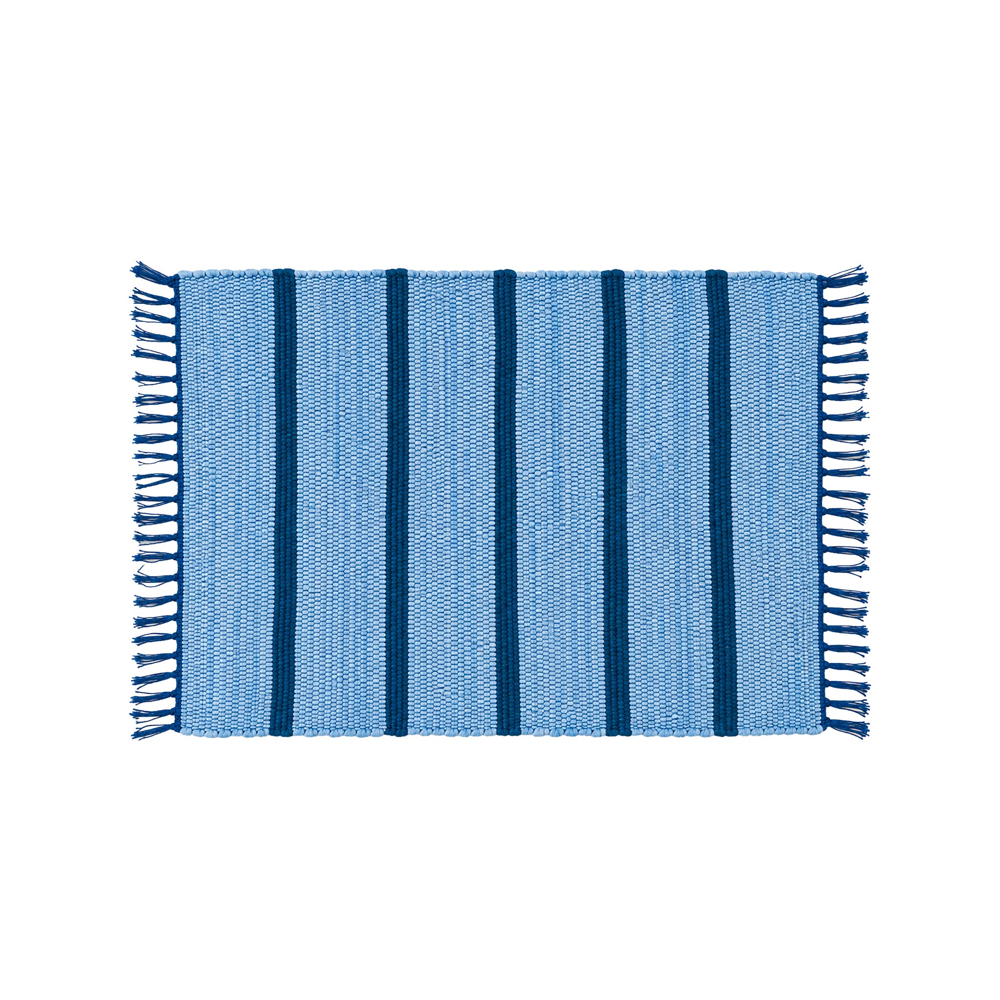 Upcycled Rug by Tarta Gelatina with colorful woven stripes and fringed ends, designed in Barcelona and handmade from upcycled cotton textiles.