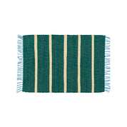 Upcycled Rug by Tarta Gelatina with colorful woven stripes and fringed ends, designed in Barcelona and handmade from upcycled cotton textiles.