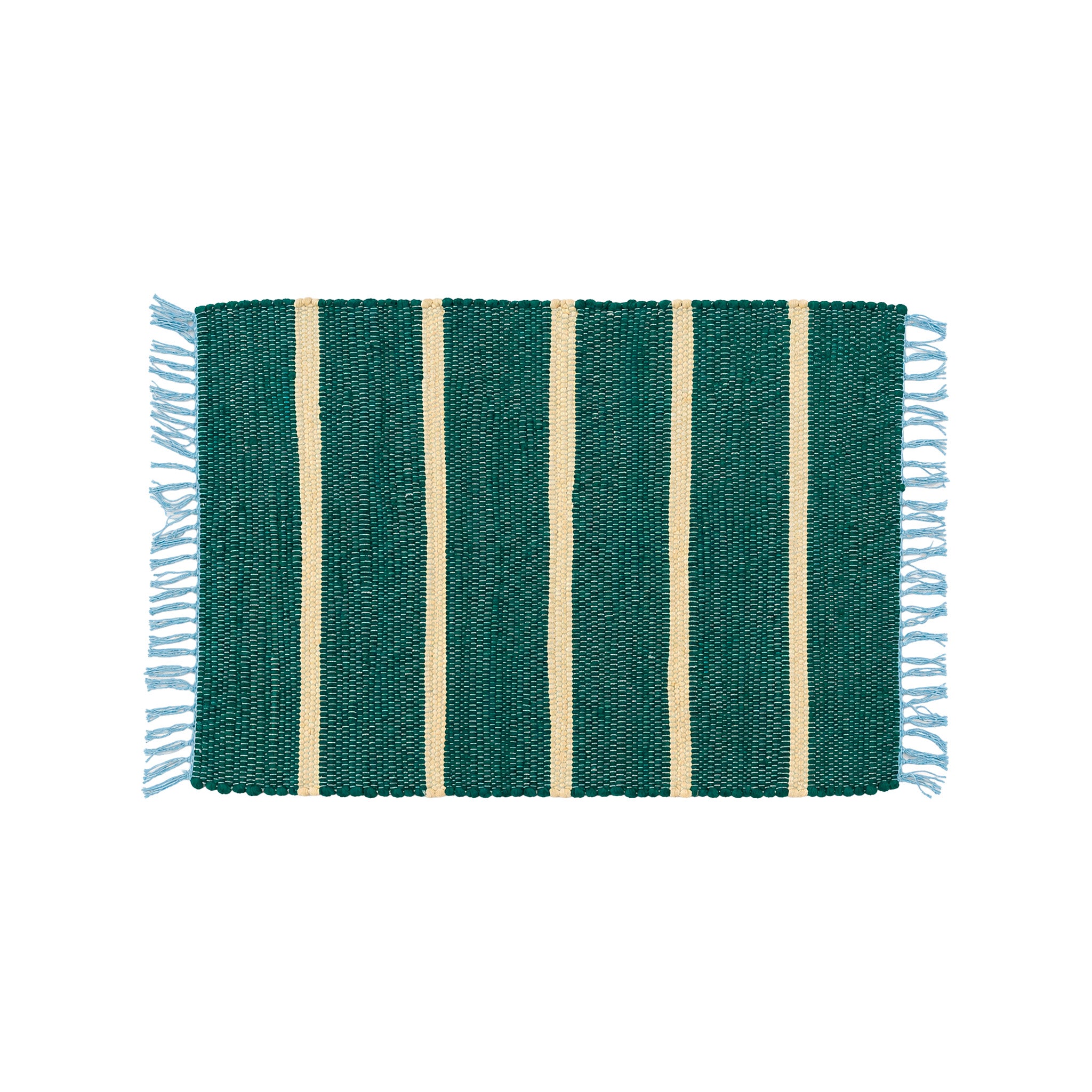 Upcycled Rug by Tarta Gelatina with colorful woven stripes and fringed ends, designed in Barcelona and handmade from upcycled cotton textiles.