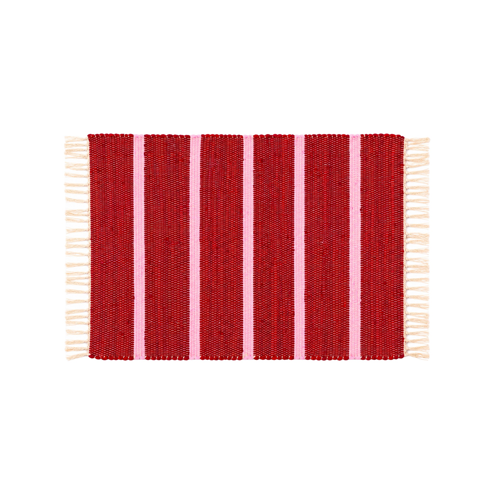 Upcycled Rug by Tarta Gelatina with colorful woven stripes and fringed ends, designed in Barcelona and handmade from upcycled cotton textiles.