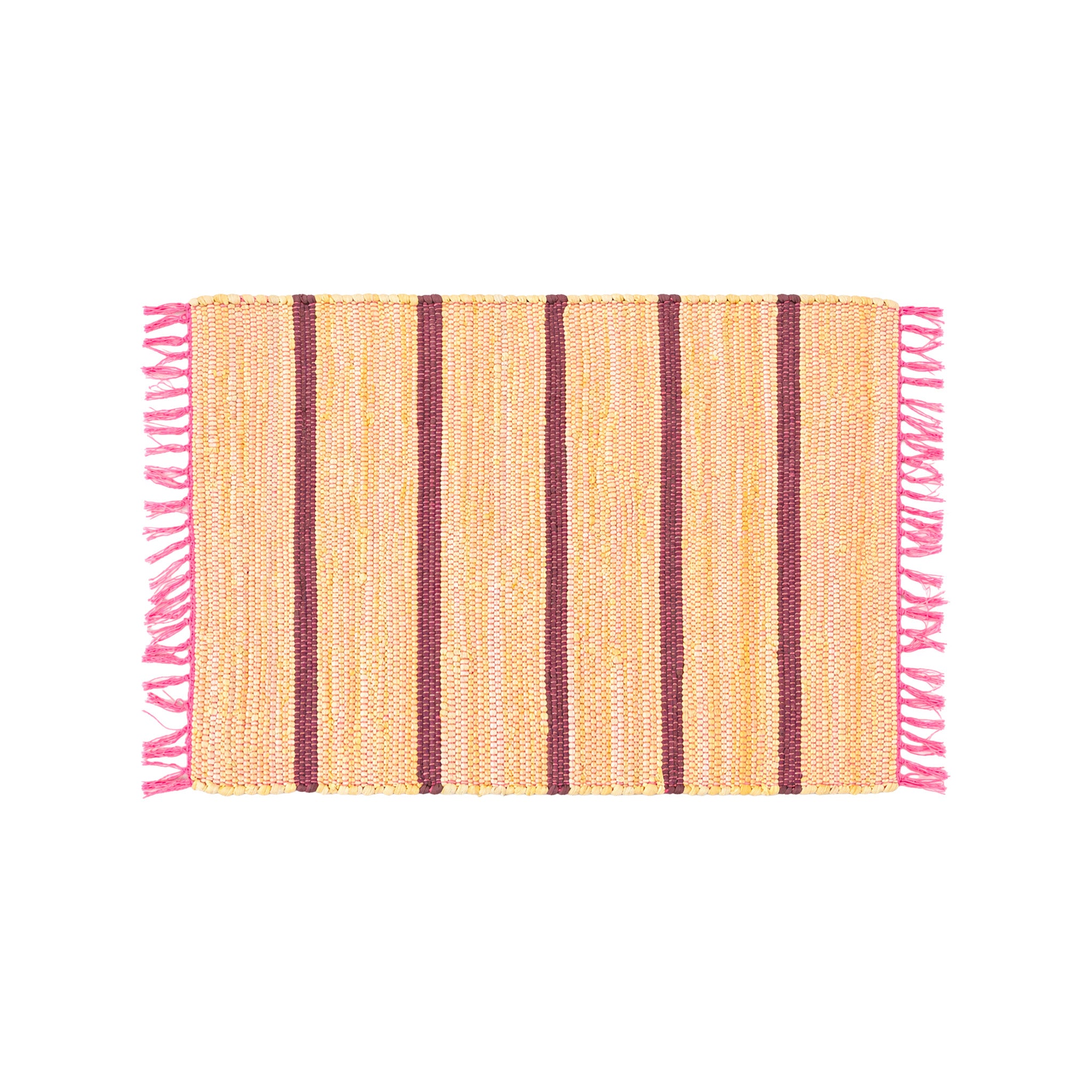 Upcycled Rug by Tarta Gelatina with colorful woven stripes and fringed ends, designed in Barcelona and handmade from upcycled cotton textiles.