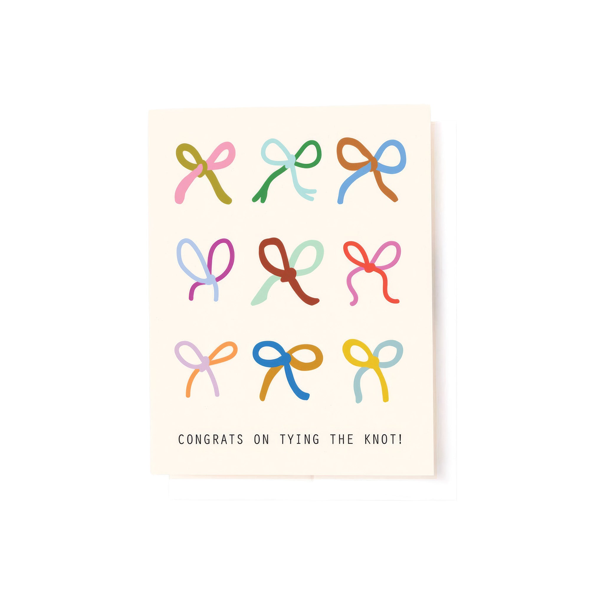 Congrats On Tying The Knot wedding card by Tender Loving Empire featuring nine colorful illustrated bows on a cream background.