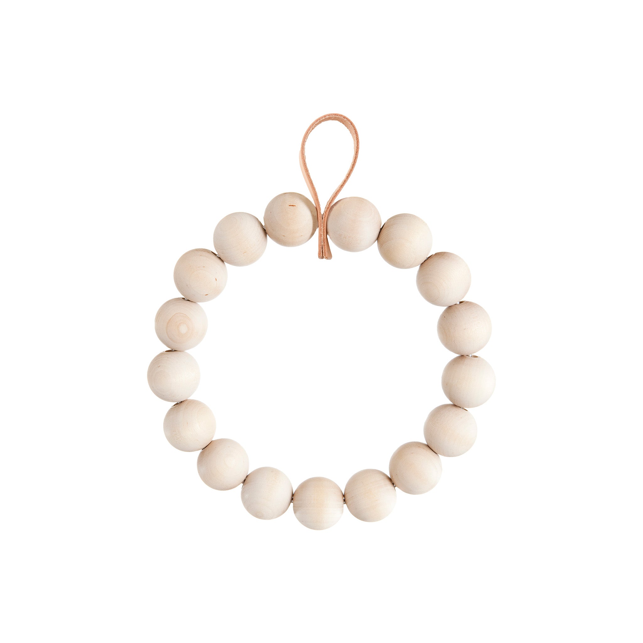 Verso Design KRANSSI Wreath Trivet in Birch with Leather loop, handcrafted Nordic bead design, usable as wreath or trivet.