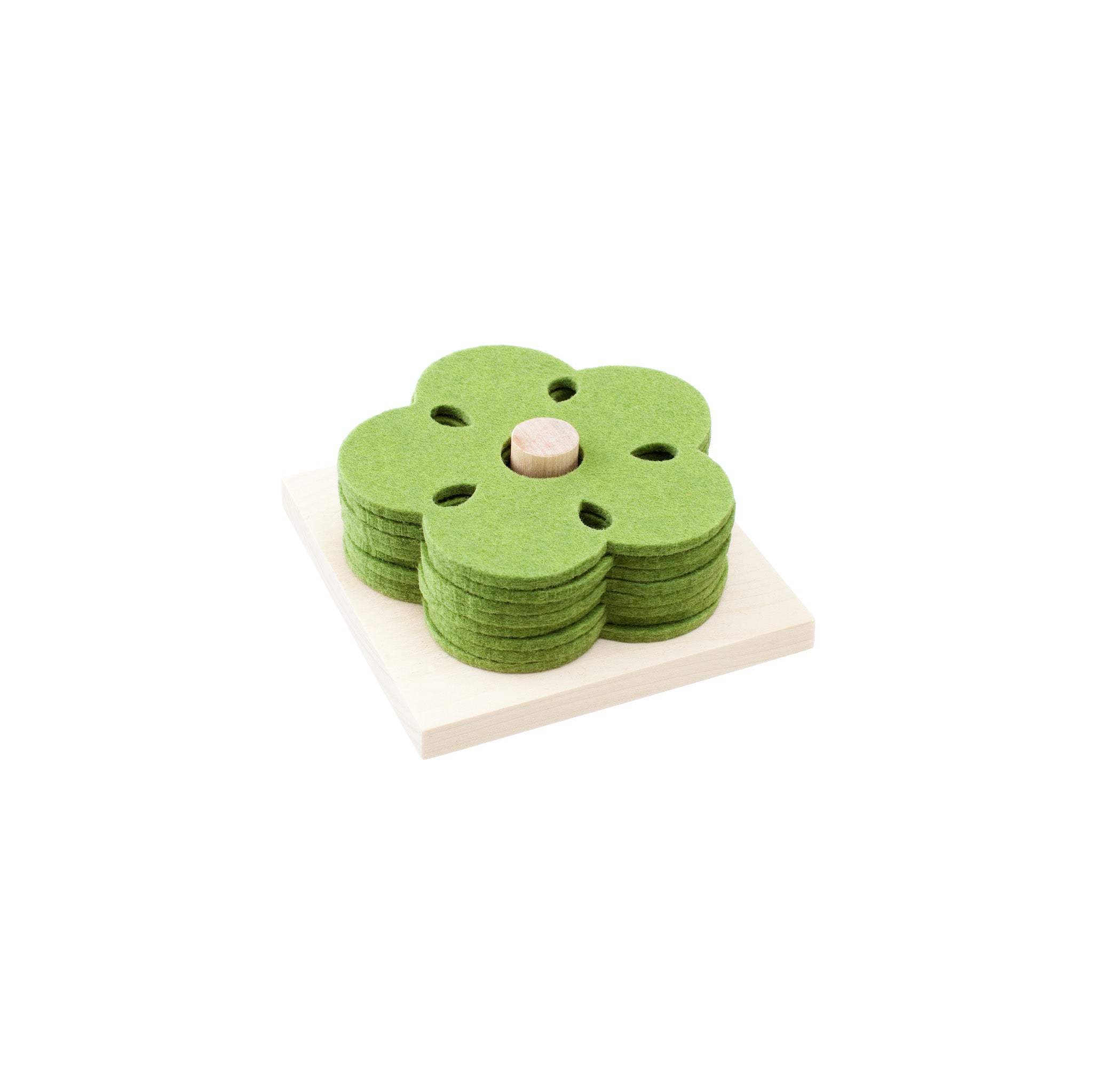 Verso Design KUKKA Coaster Set of eight wool felt flower coasters with birch wood stand, designed by Tuttu Sillanpää.