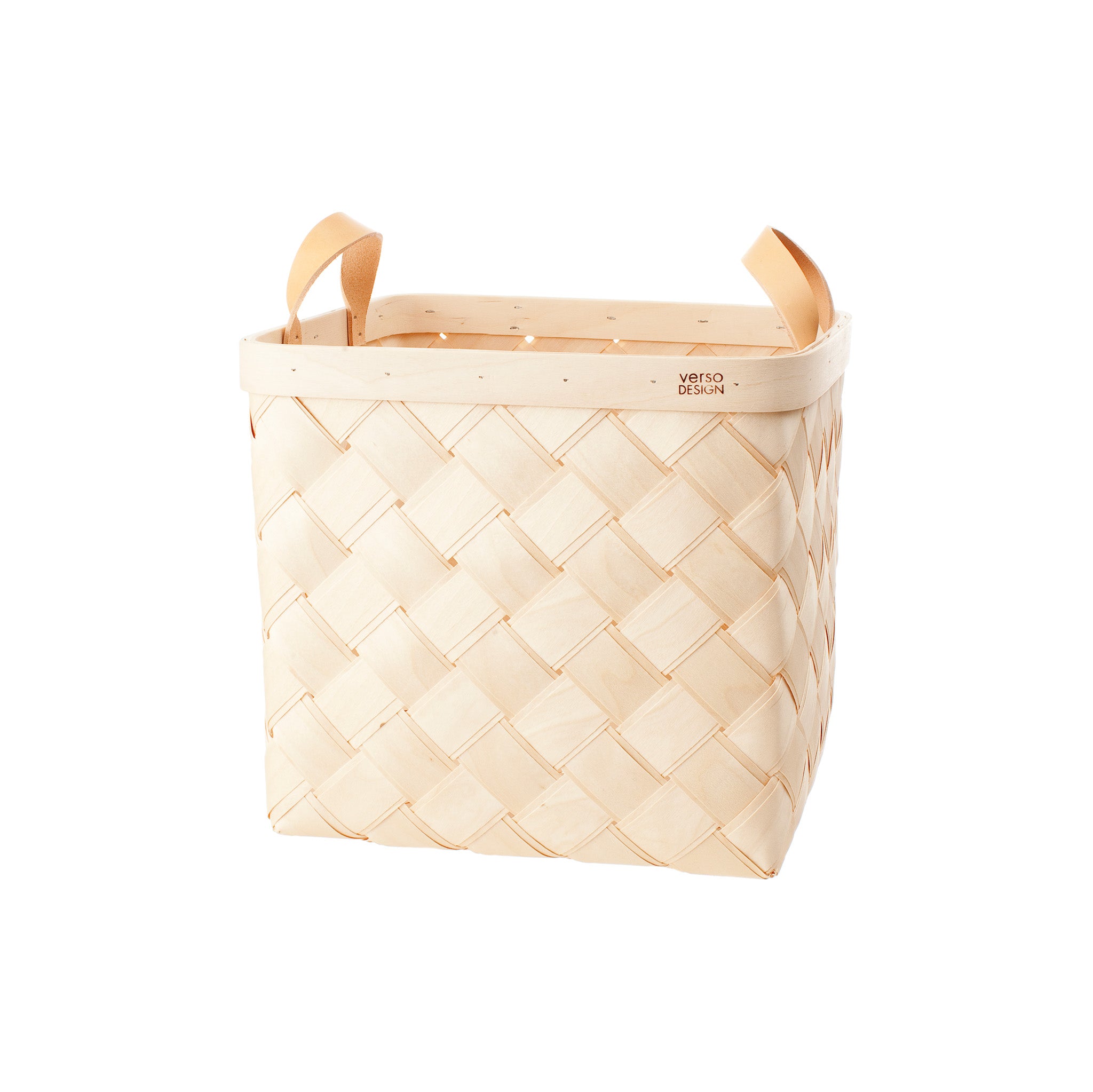 Verso Design Lastu Large Birch Basket in FSC-certified birch with leather handles, oversized and sustainably made in Finland for eco-friendly storage.