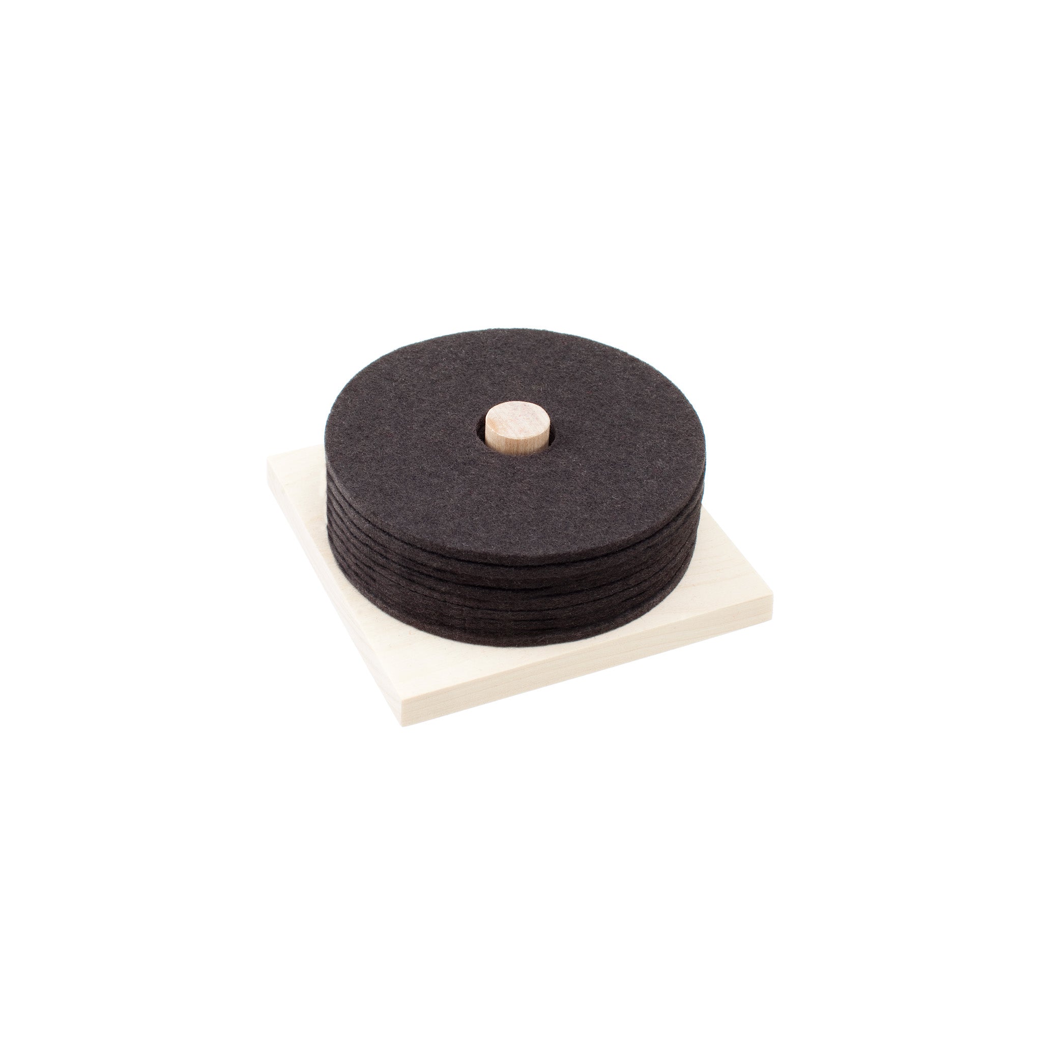Verso Design RINKI Coaster Set with wood stand. Round wool felt coasters by Tuttu Sillanpää and Elina Keltto. A nod to Hei-Day’s felt-loving roots.