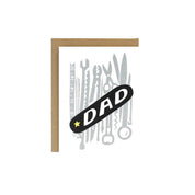 Dad Pocket Knife greeting card featuring an illustrated pocket knife, hand screen printed with metallic silver, black, and yellow inks on recycled cardstock.