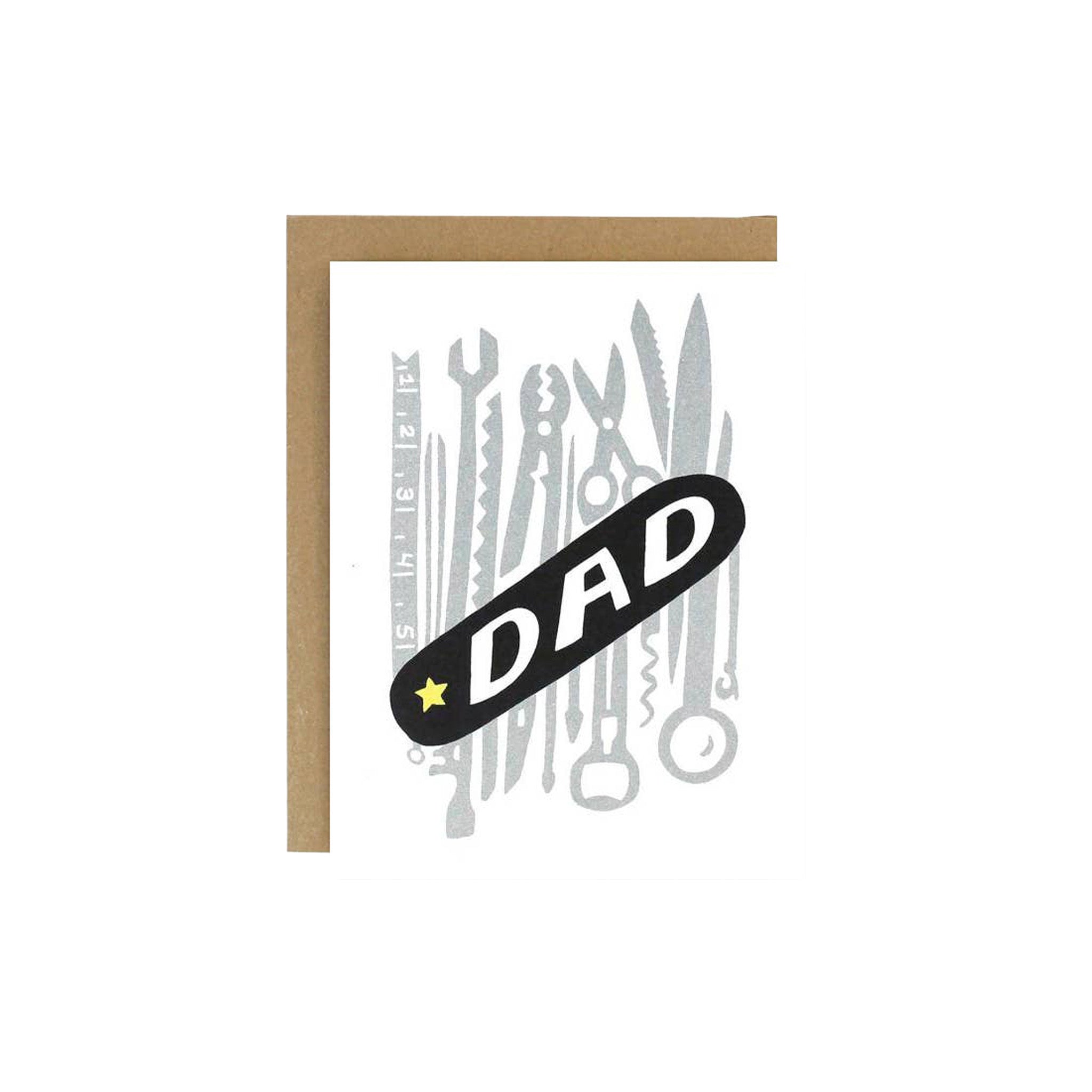 Dad Pocket Knife greeting card featuring an illustrated pocket knife, hand screen printed with metallic silver, black, and yellow inks on recycled cardstock.