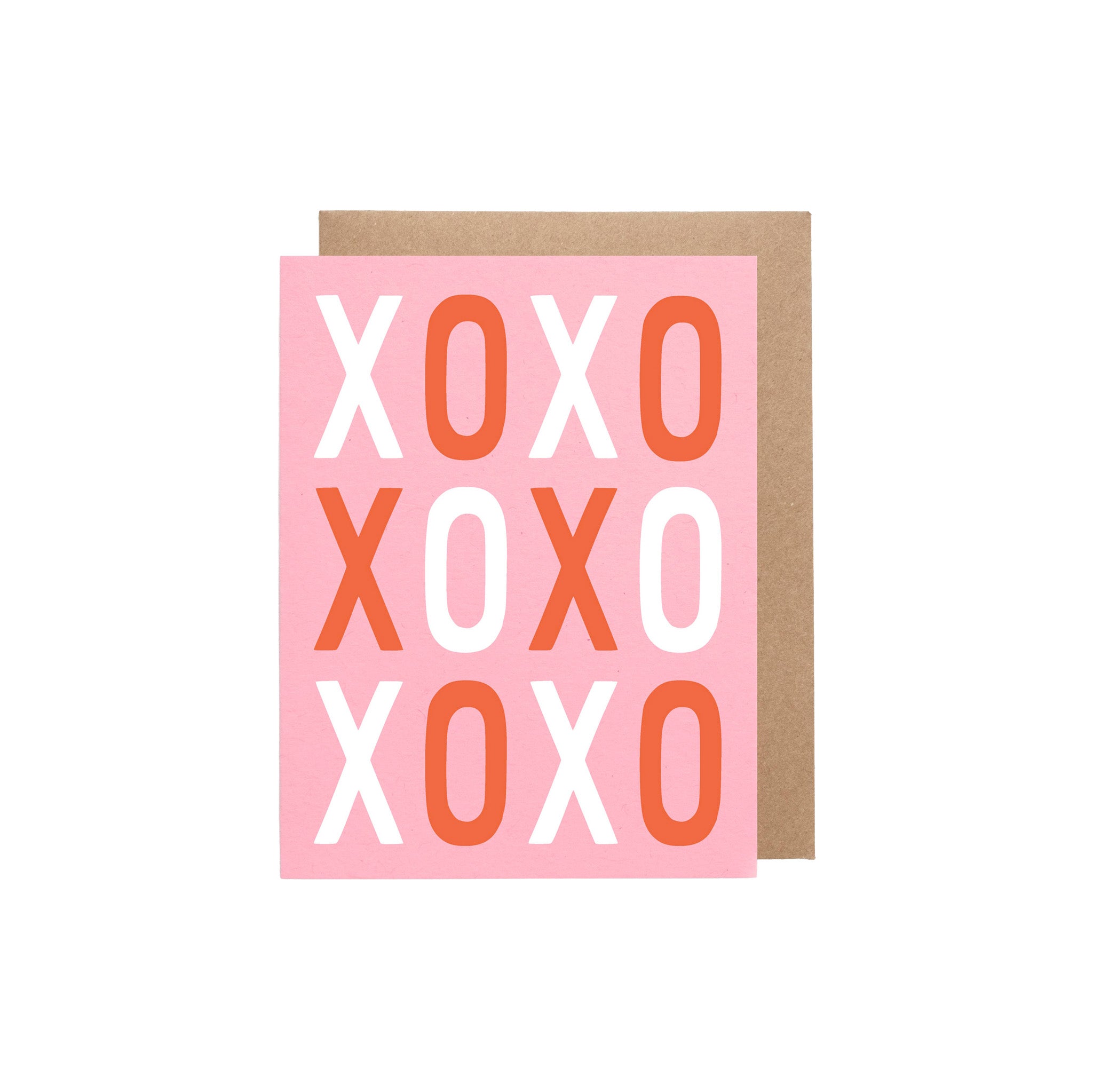 XOXO Valentine Card with bold hand-lettered XOXO pattern printed in dark ink on pink recycled cardstock, A2 folded, blank inside.