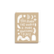 Worthwhile Paper Awesome Place Card with colorful geometric shapes and “The World Is an Awesome Place With You in It” lettering.
