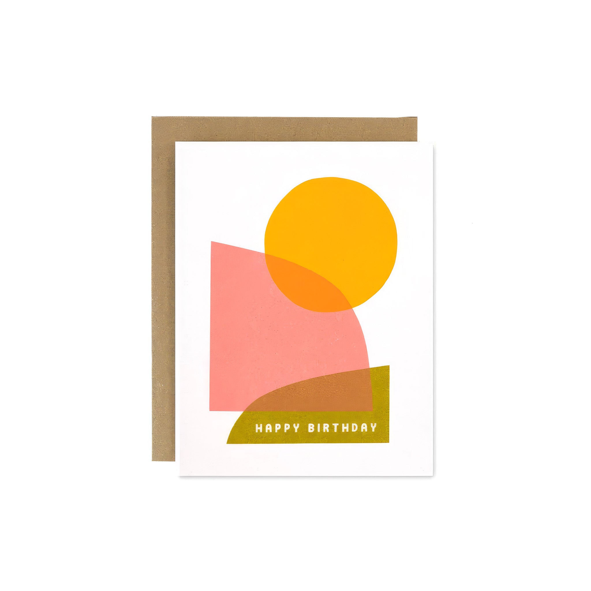 Birthday Hills Card with abstract pink, yellow, and olive green geometric shapes and a bright sun on a white background.