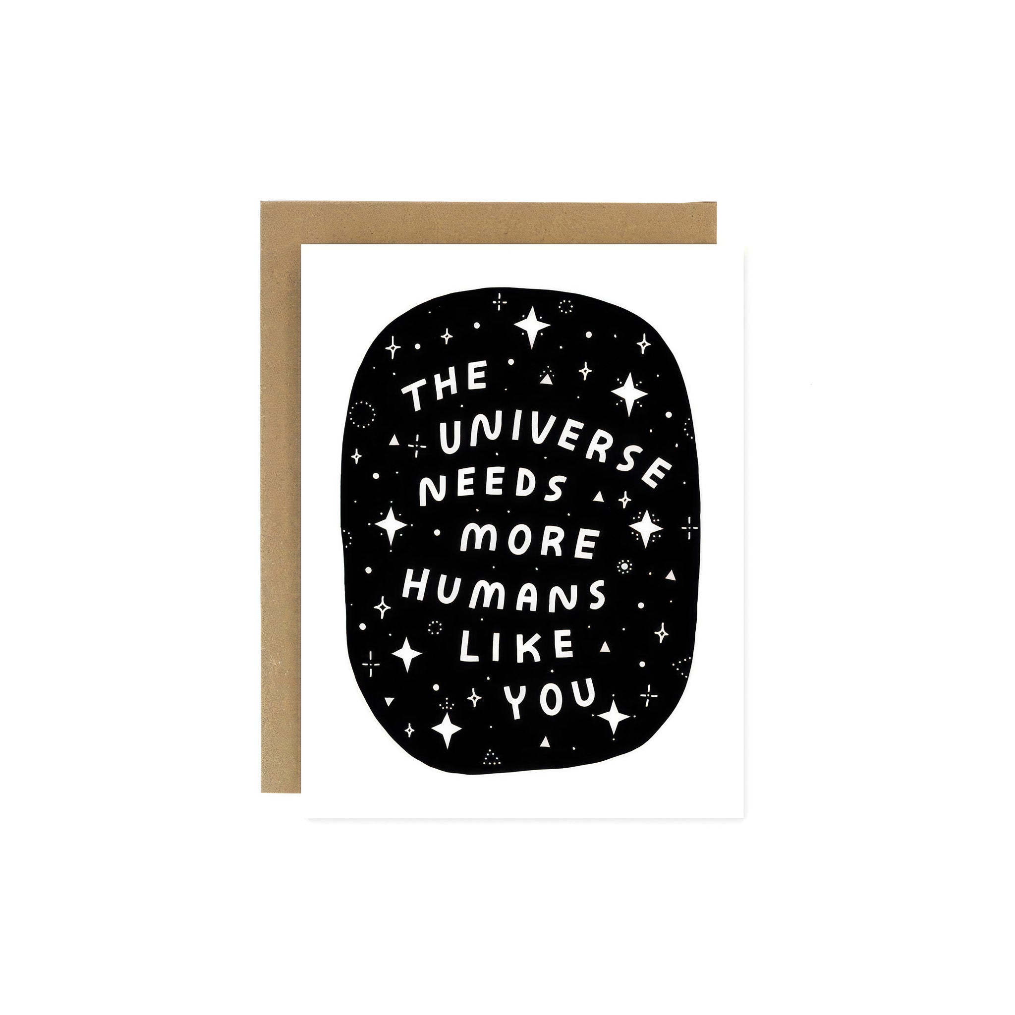 Worthwhile Paper The Universe Needs You Card featuring “The Universe Needs You” lettering surrounded by a cosmic pattern of stars and sparkles.